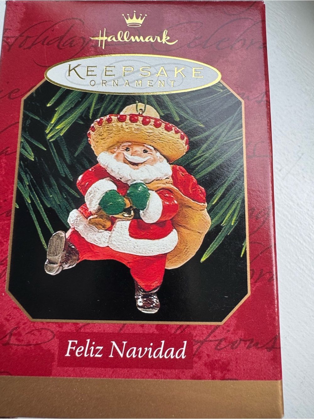 Hallmark Santa Ornament “Feliz Navidad”, White, Green, Gold